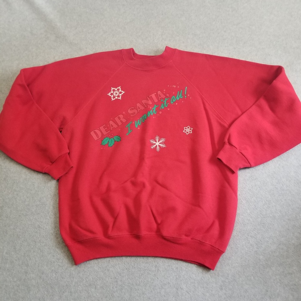VTG Christmas Sweater Mens XL Red Raglan Dear Santa Holiday Crewneck 90s